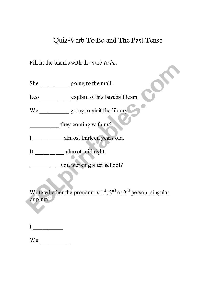 Quiz to be and past tense worksheet