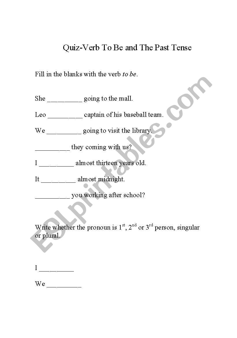 English Worksheets Quiz To Be And Past Tense