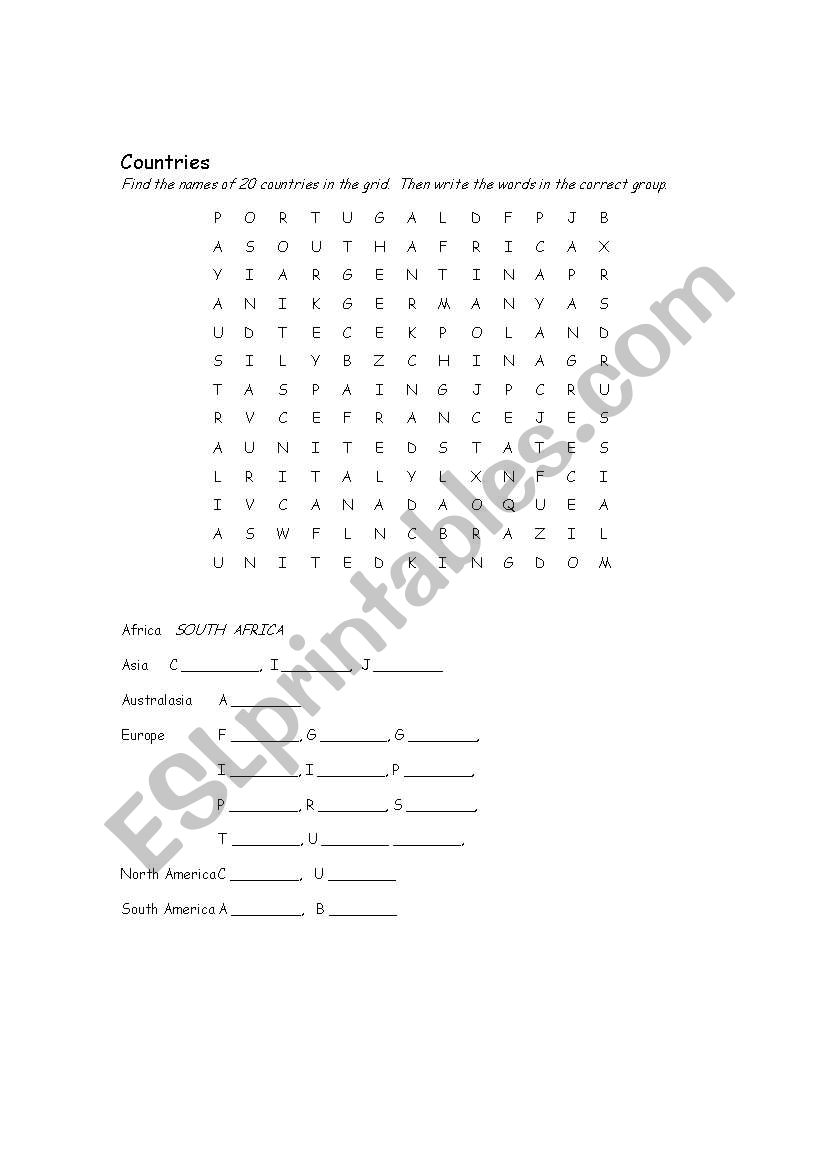 countries worksheet