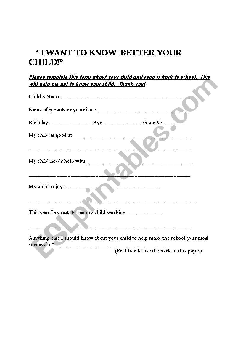 GETTING TO KNOW YOUR CHILD worksheet