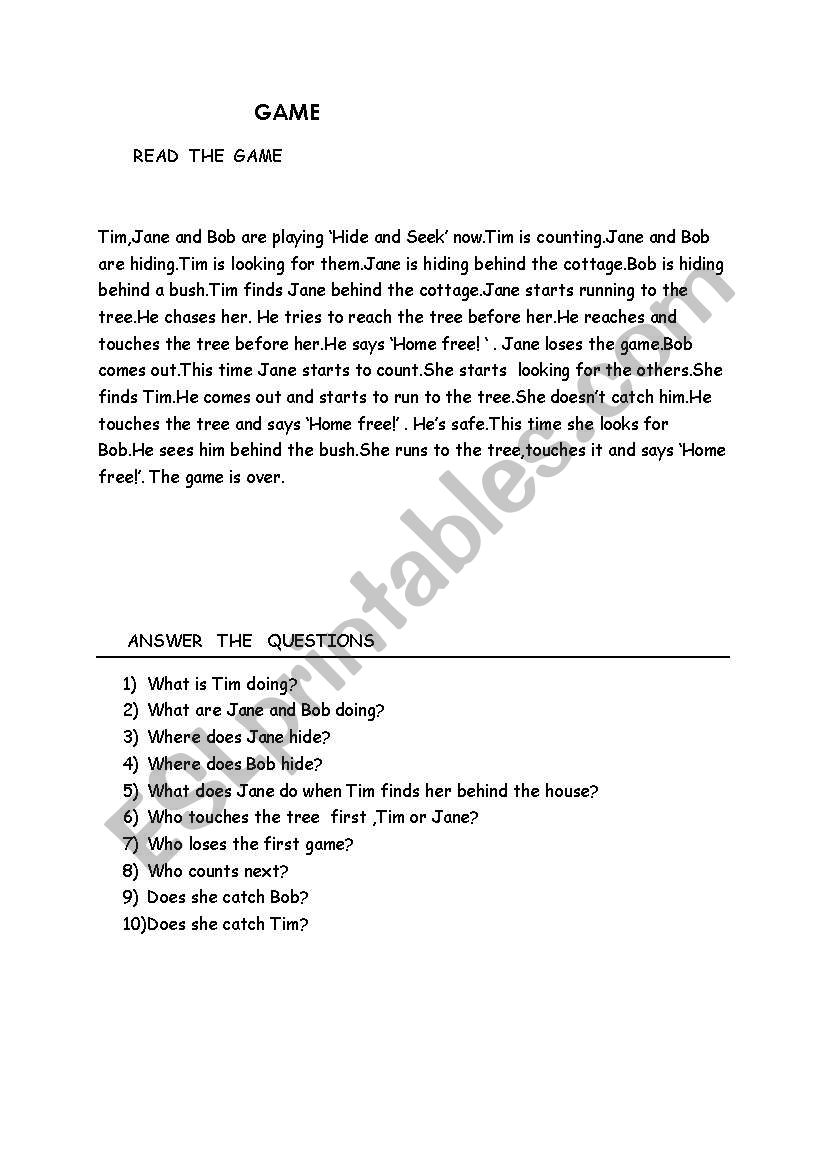 the game hide and seek worksheet