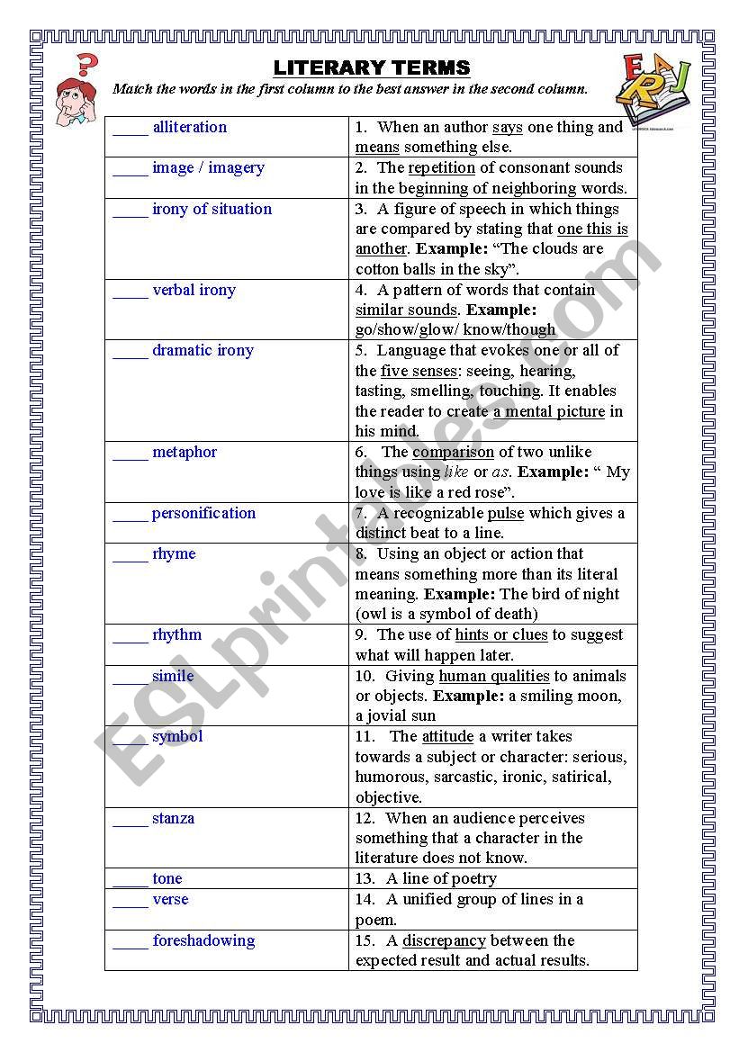 Literary Terms ESL Worksheet By Pirchy