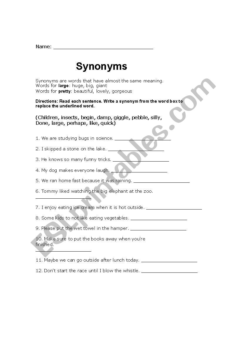 Synonyms worksheet