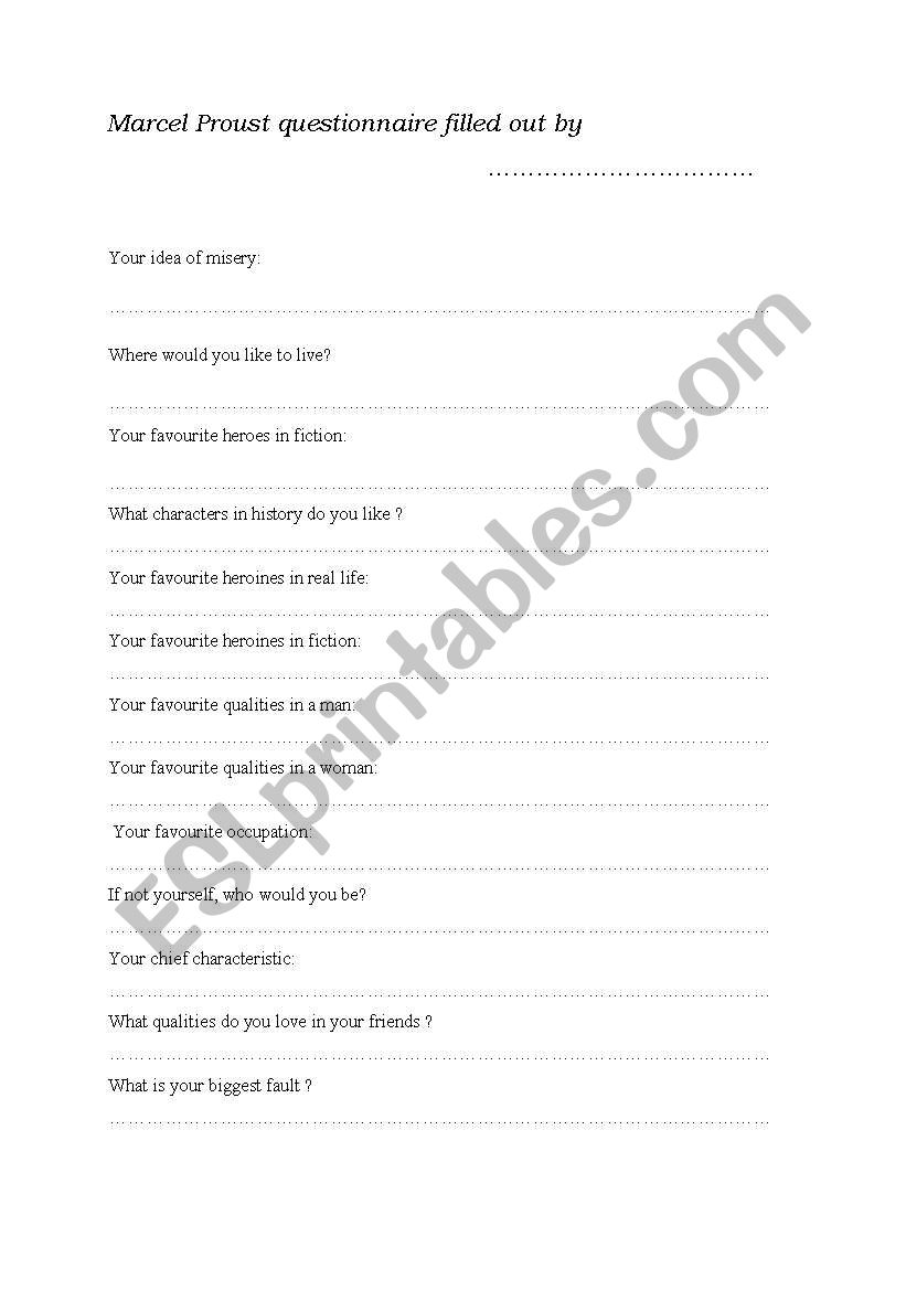 Personality questionnaire worksheet