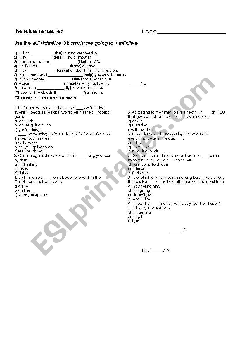 The Future Tenses Test worksheet