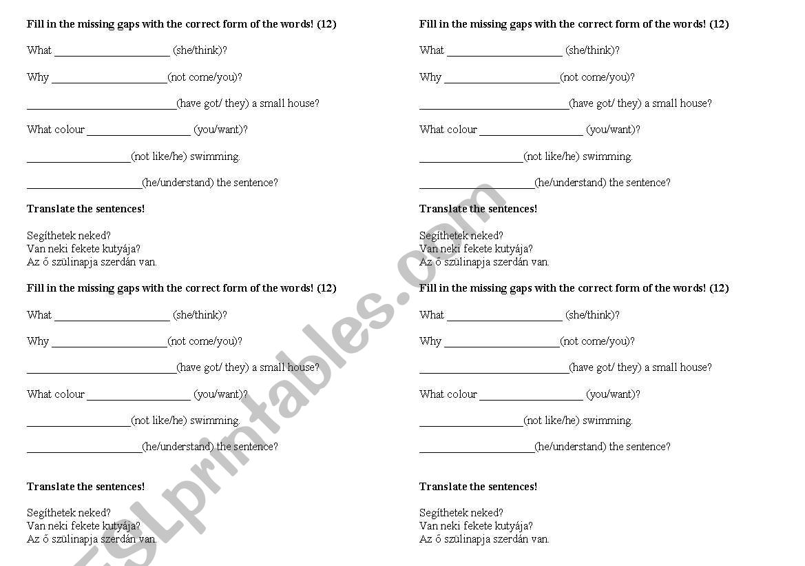 Present simple test worksheet