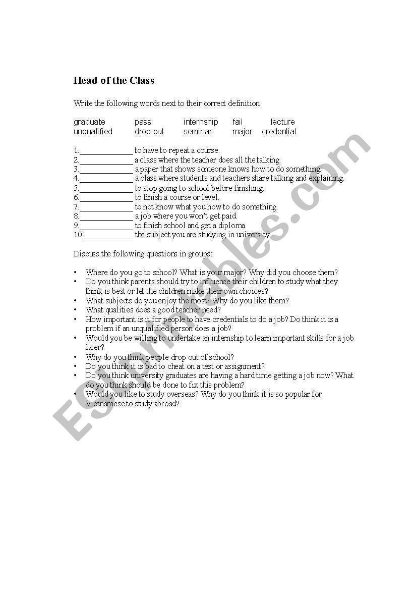 Hrad of the class worksheet