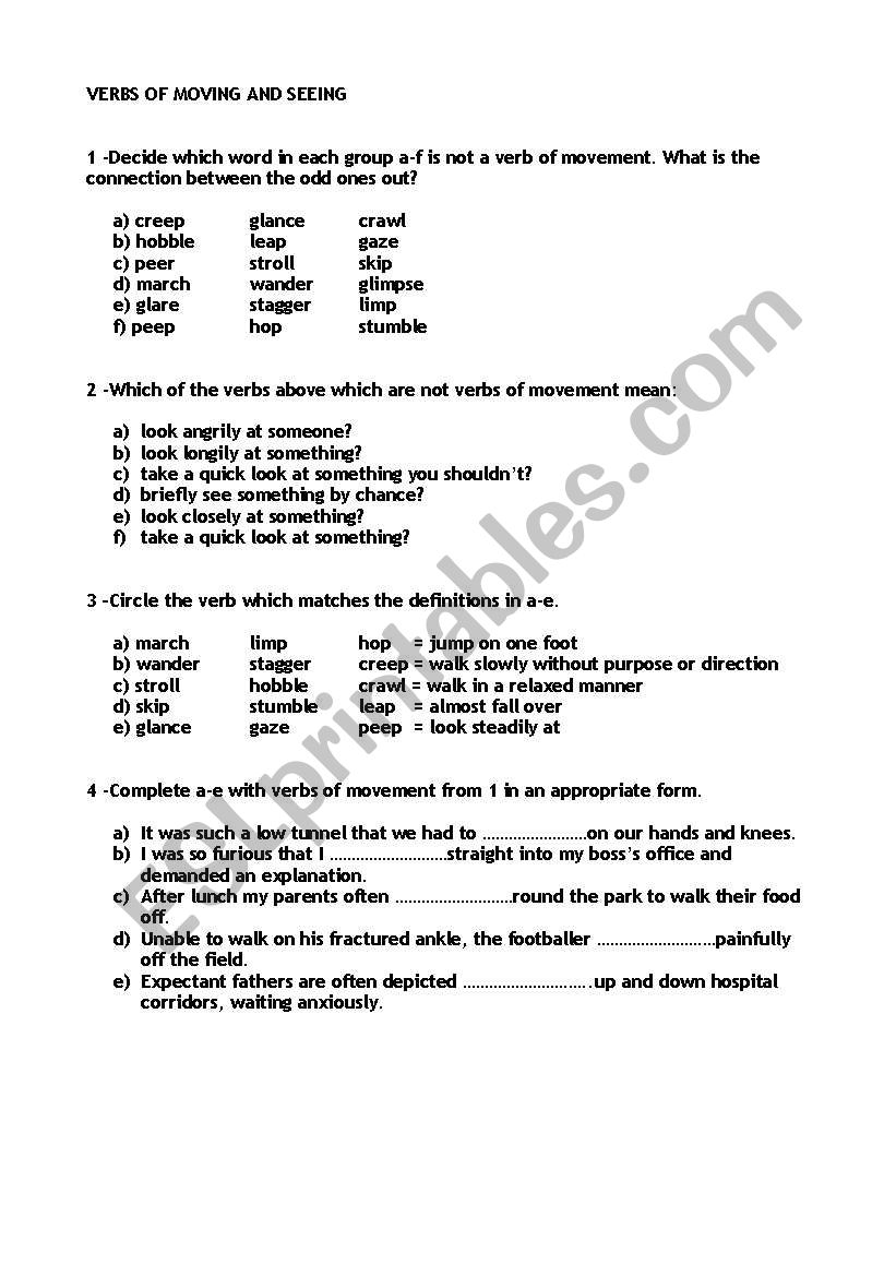 verbs of moving and seeing worksheet
