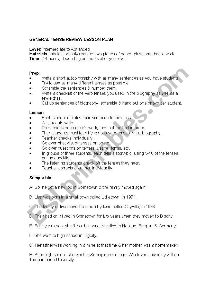 General tense review biography lesson plan