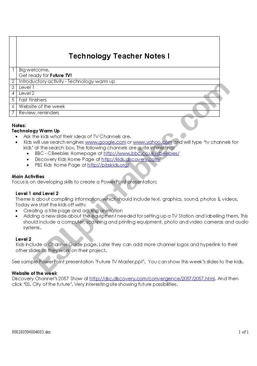 Technology teachernotes I worksheet