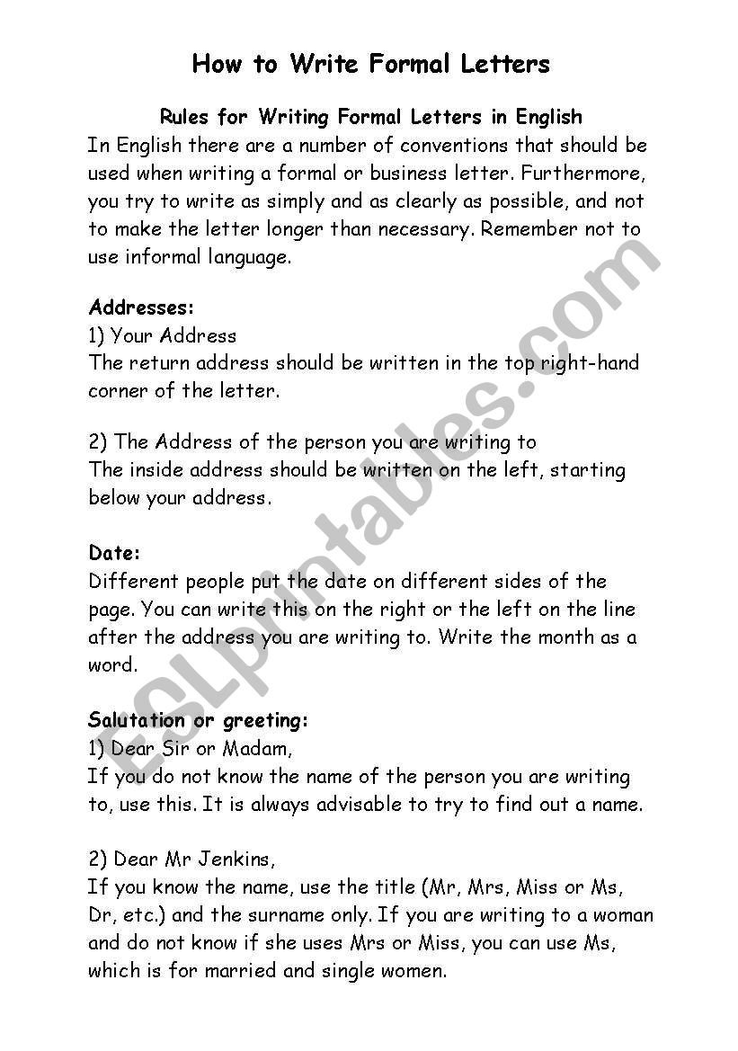 How to write formal letters worksheet