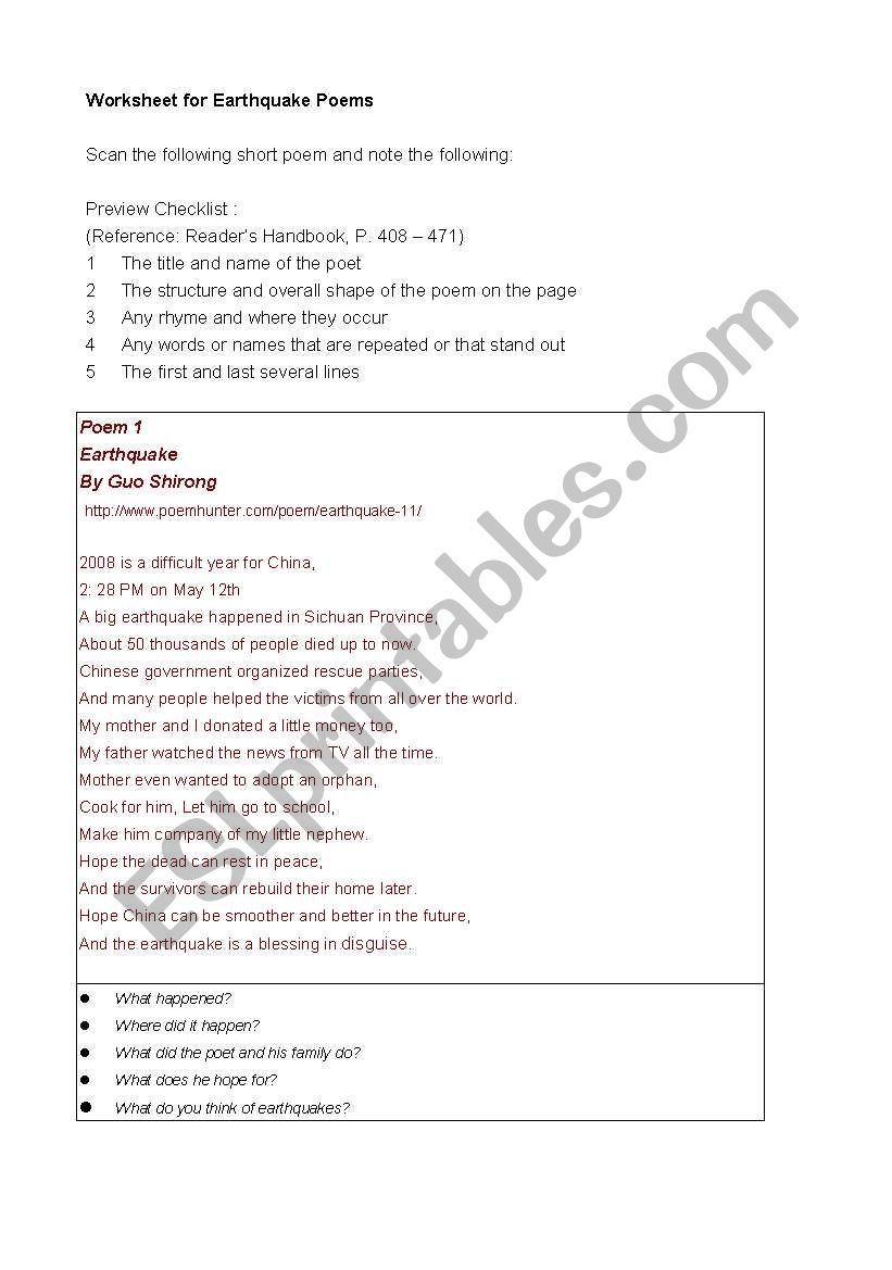 Earthquake Poems worksheet