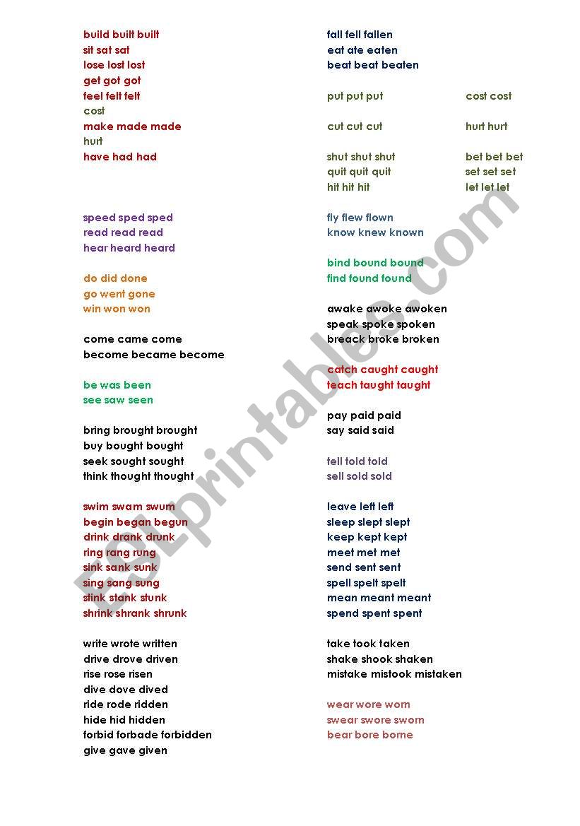 Irregular Verbs  worksheet