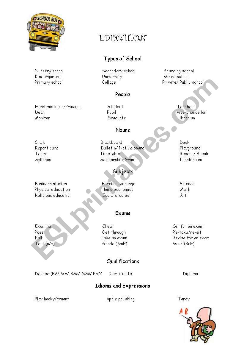 Education Vocabulary worksheet