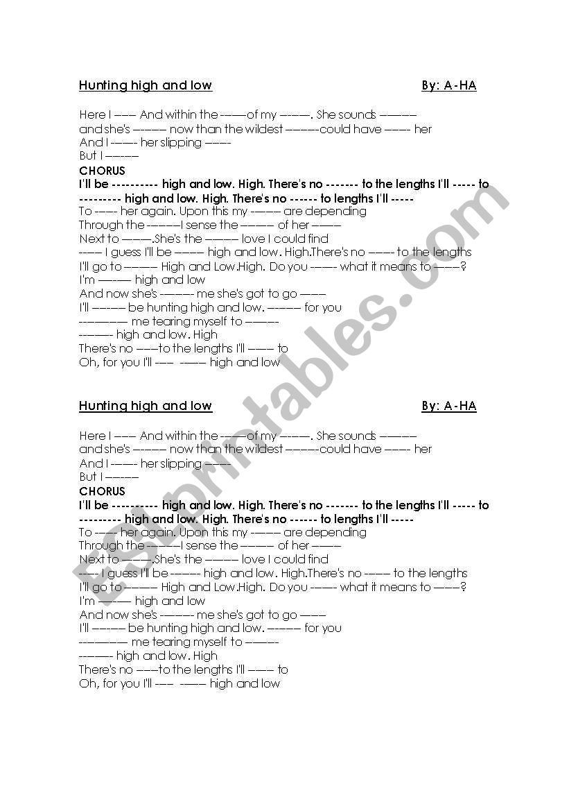 Hunting high and low worksheet