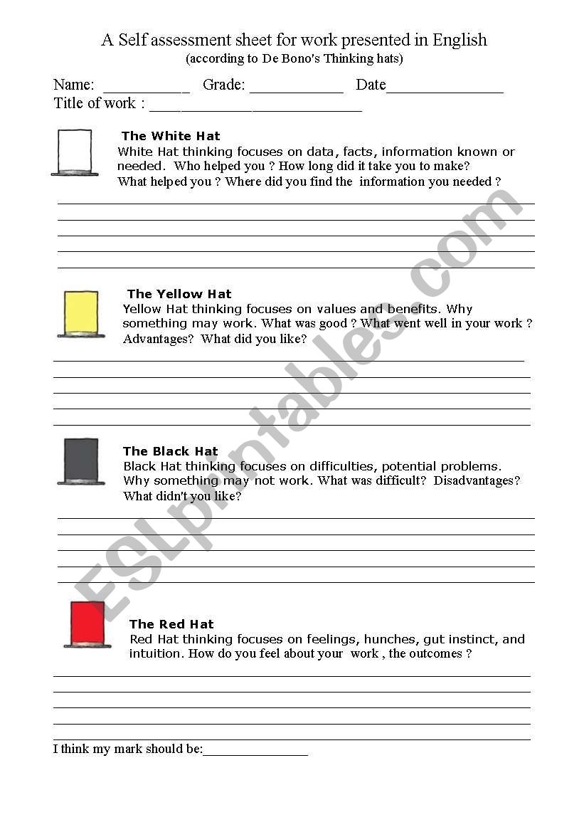 A self assessment sheet worksheet