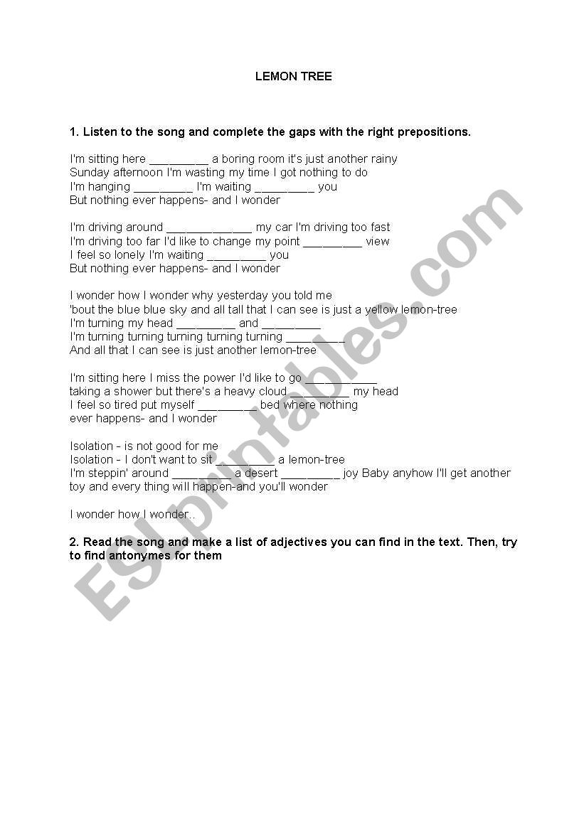 lemon tree, song worksheet