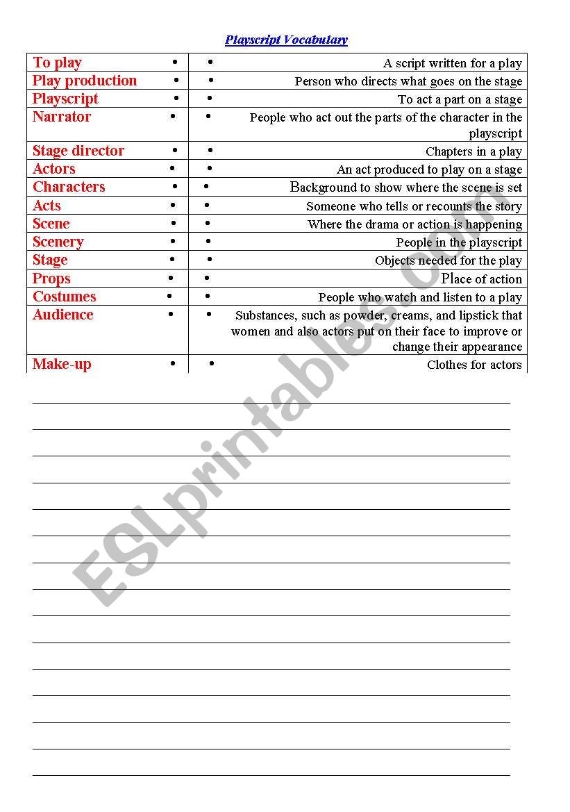 Playscript vocabulary worksheet