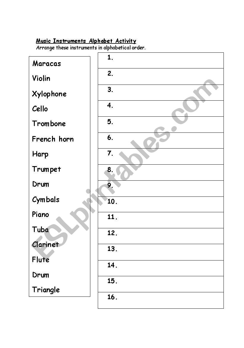 Music instruments alphabet activity