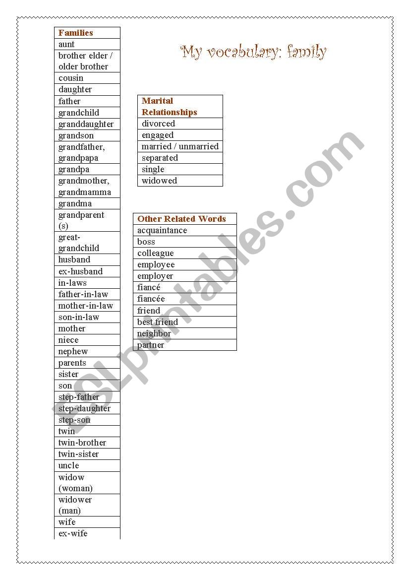 My vocabulary: family worksheet