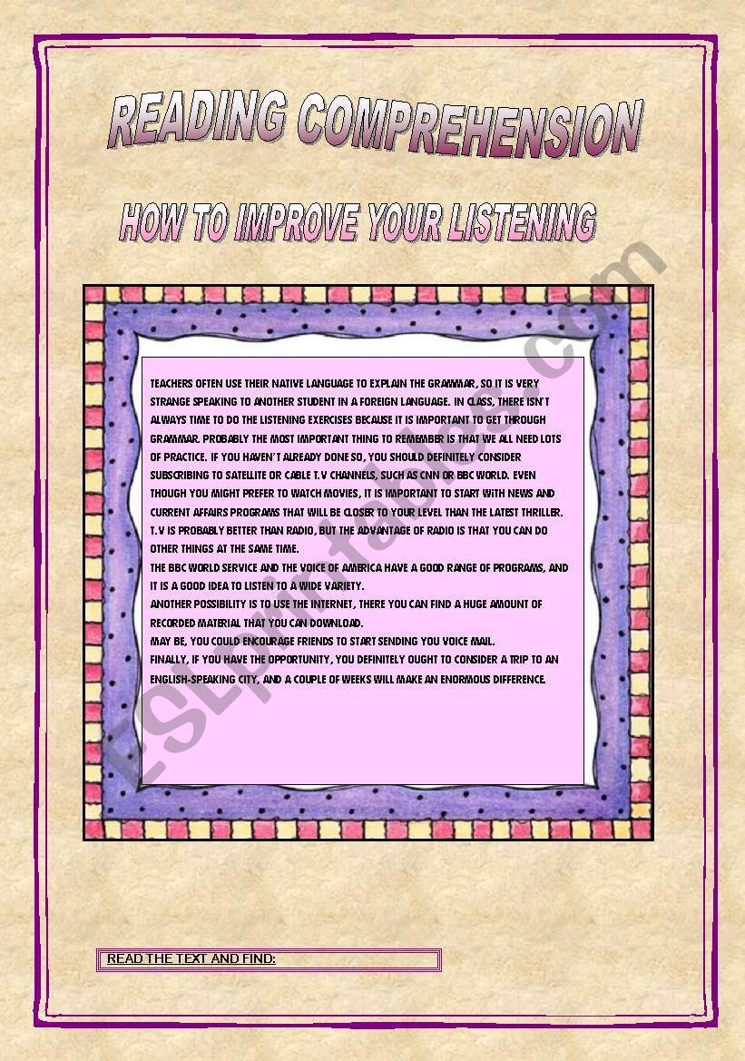 READING COMPREHENSION HOW TO IMPROVE YOUR LISTENING - ESL worksheet by ag23