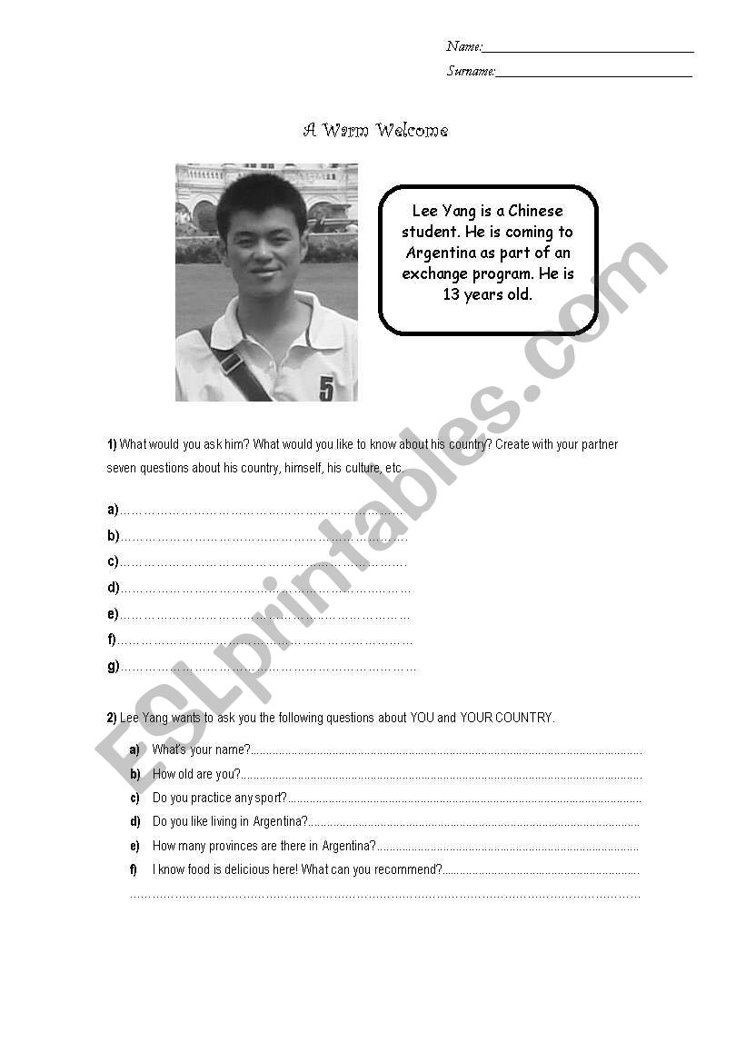 A warm welcome  worksheet