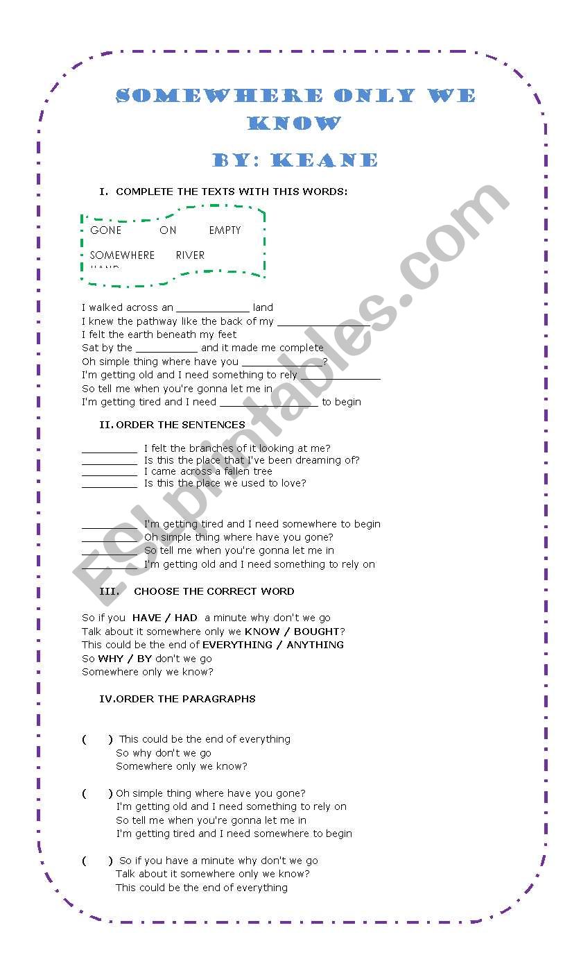 SOMEWHERE ONLY WE KNOW worksheet