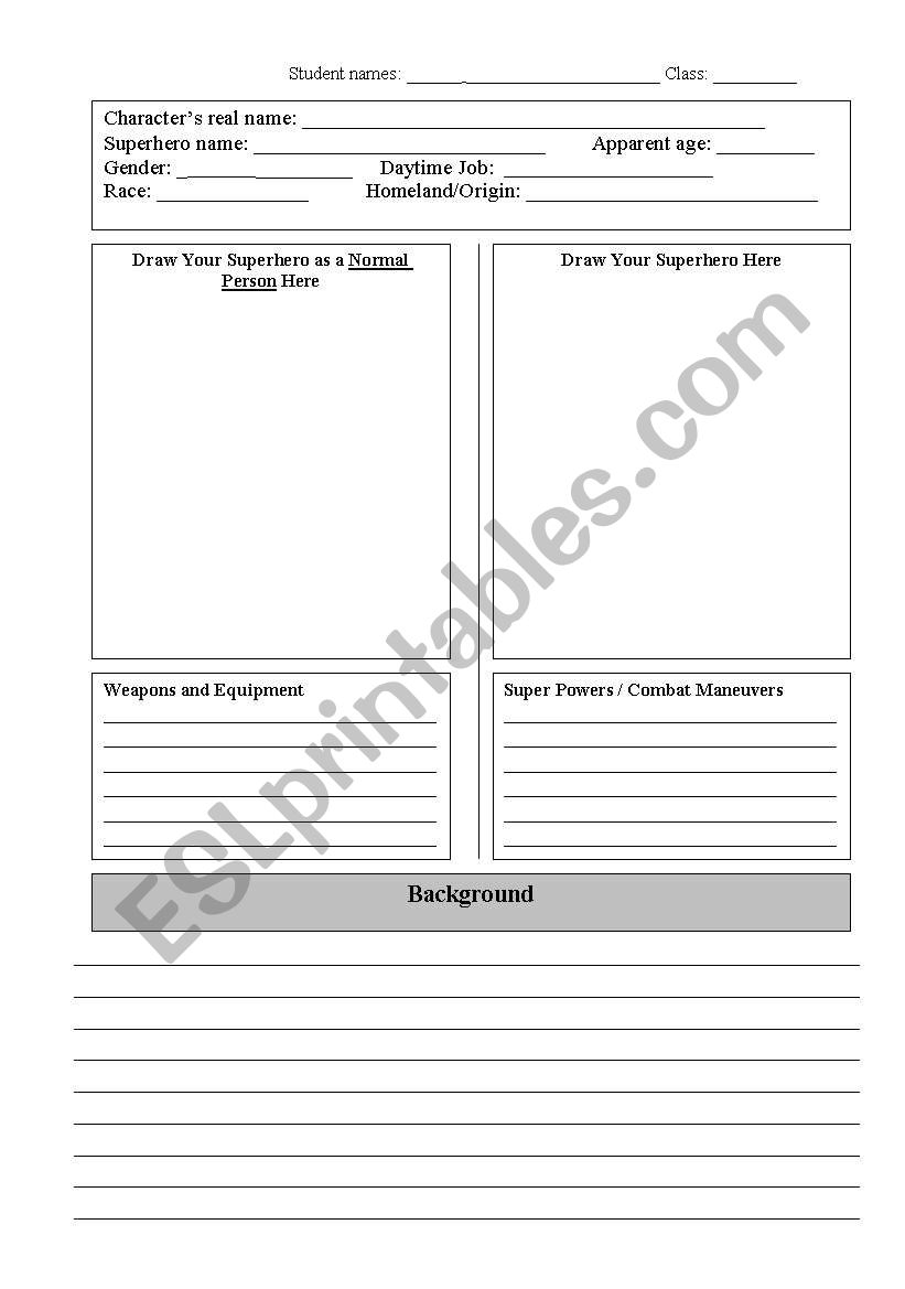 Super Hero Creation worksheet