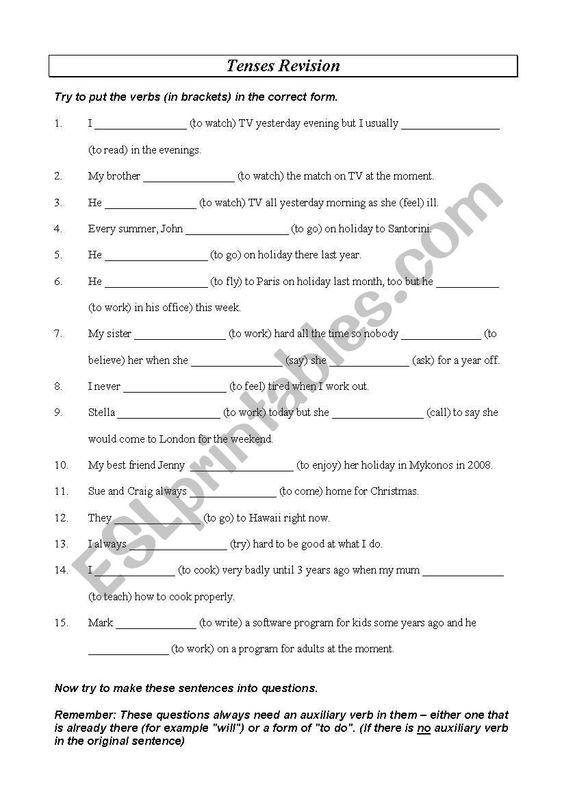 Tenses Revision worksheet