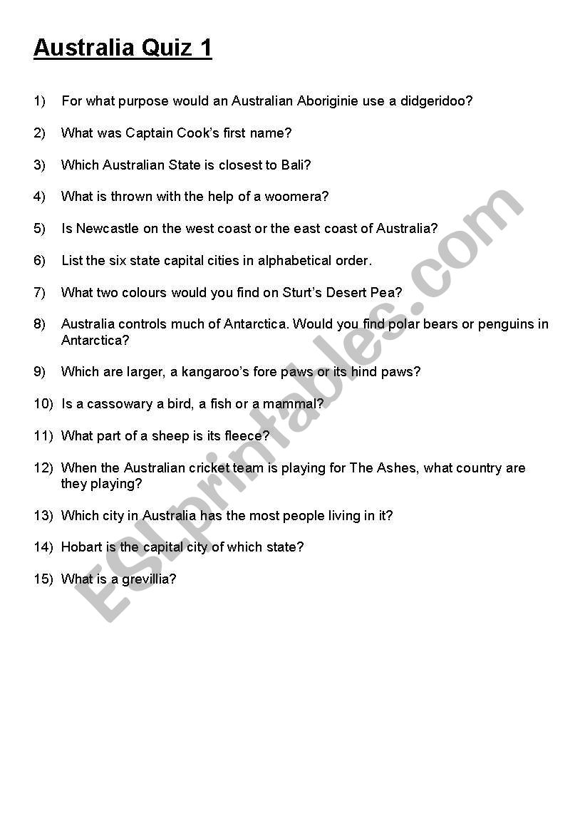 Australia Quiz 1 worksheet