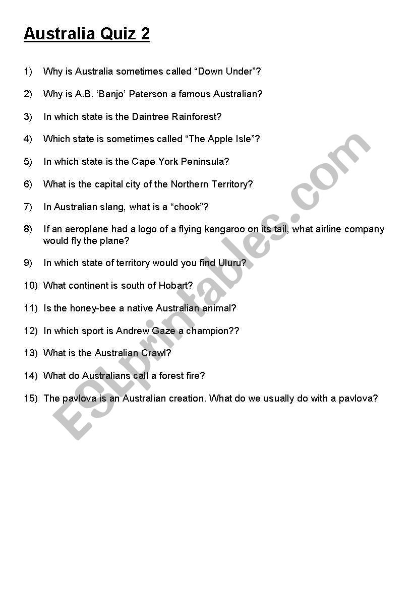 Australia Quiz 2 worksheet