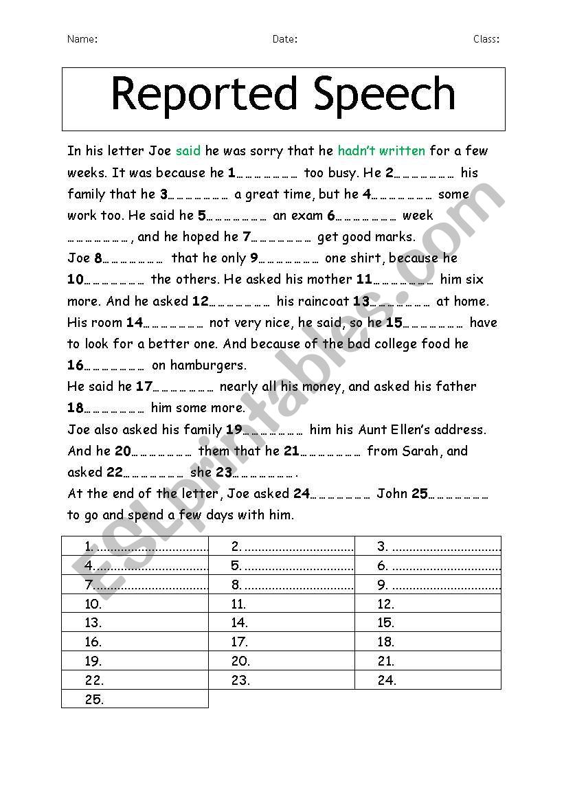 worksheet on reported speech for class 7