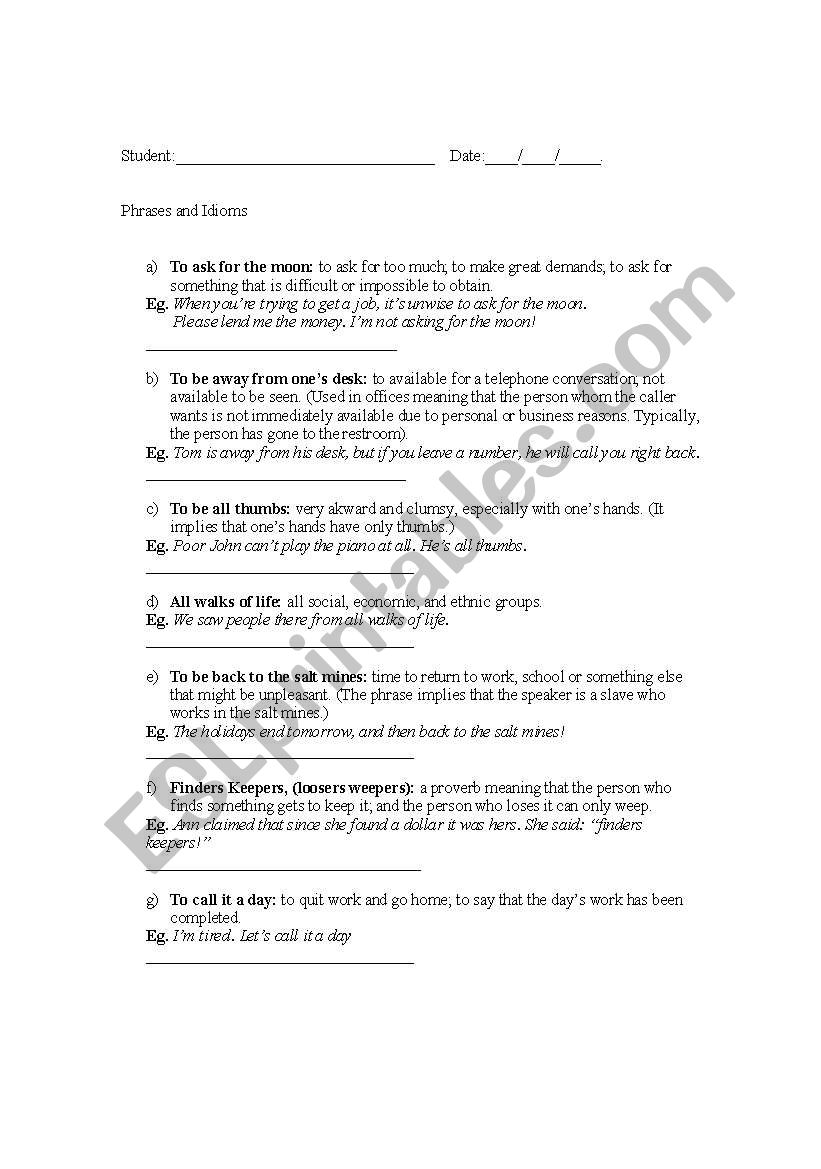 phrases and idioms worksheet
