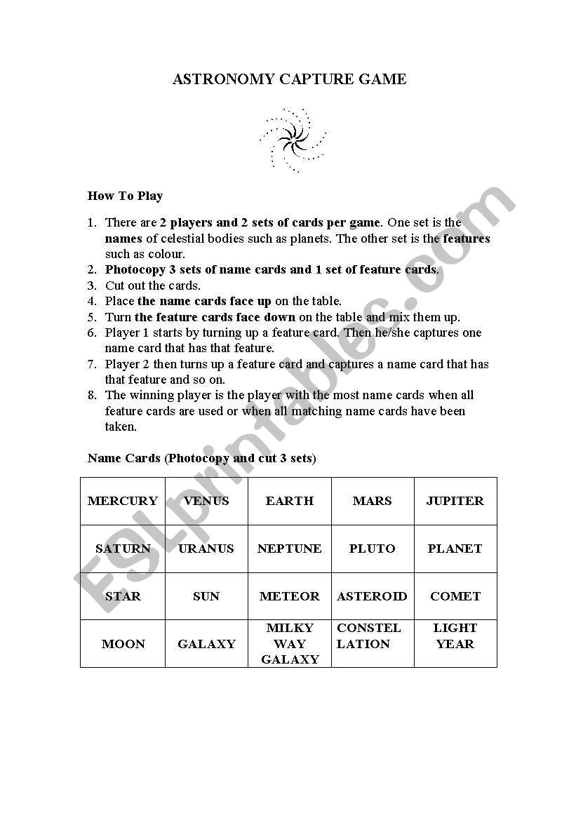 astronomy game worksheet