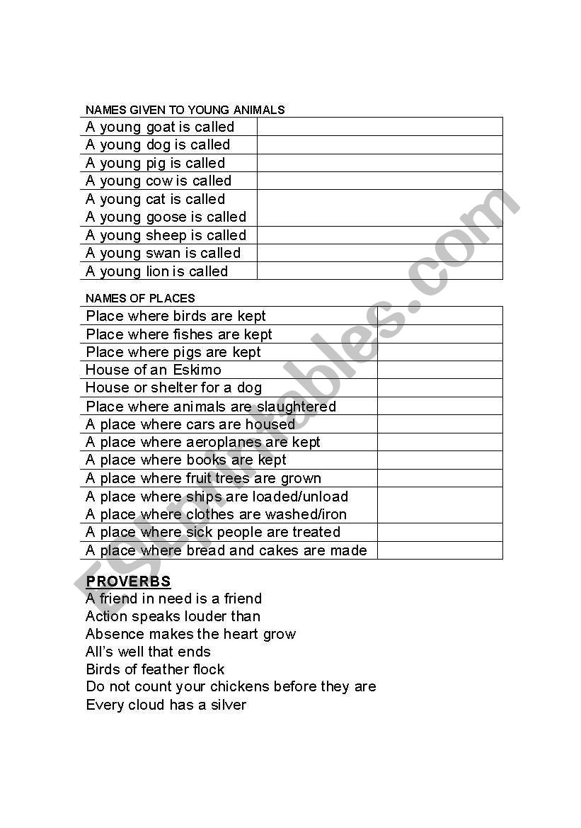 Names of young animals worksheet