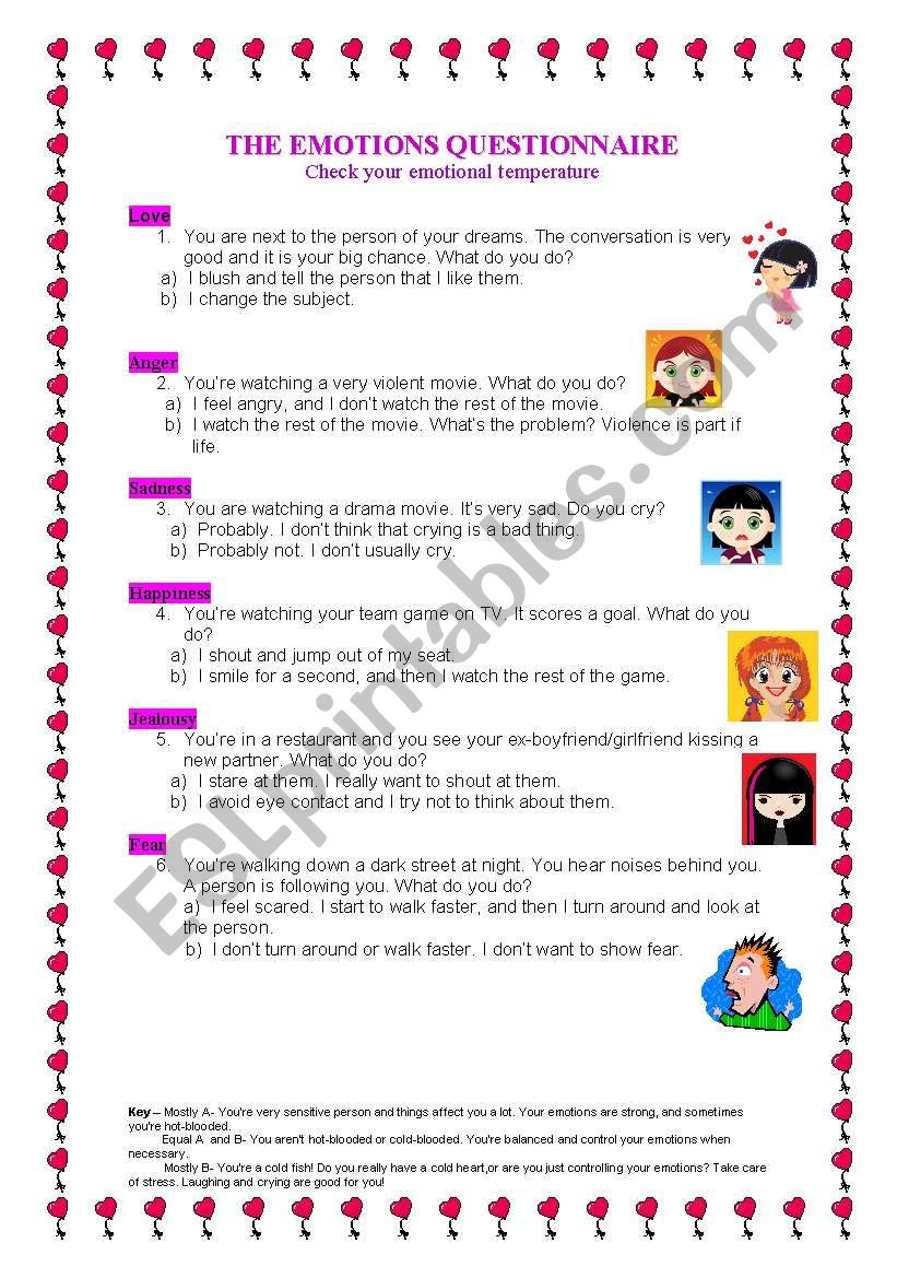 Emotions Questionnaire ESL worksheet by kekanail