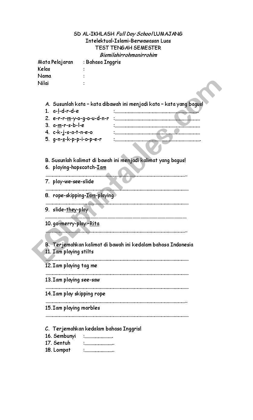 sudents middle test worksheet