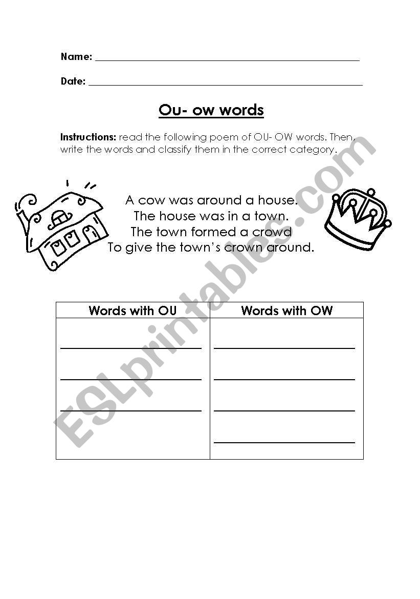 ou ow words worksheet