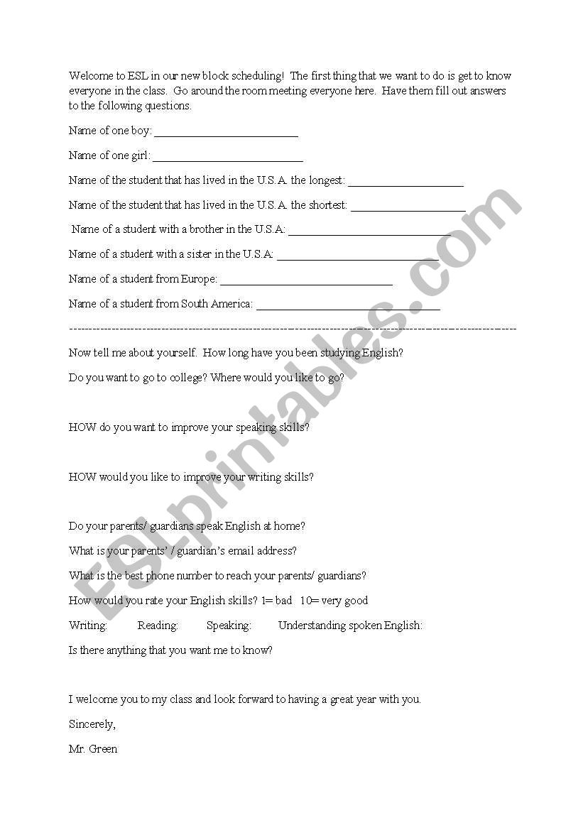 Welcome Day 1 worksheet