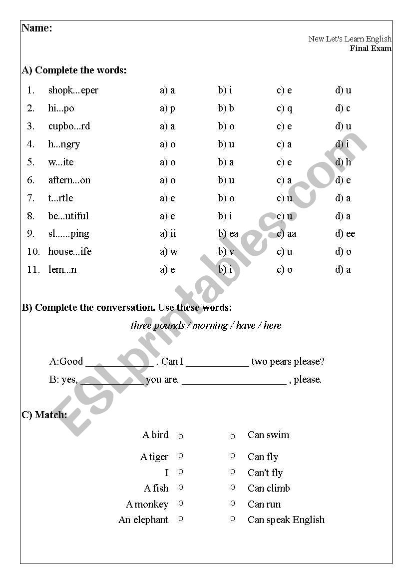 New let´s learn English 1 (Final exam) - ESL worksheet by mahdiubuntu