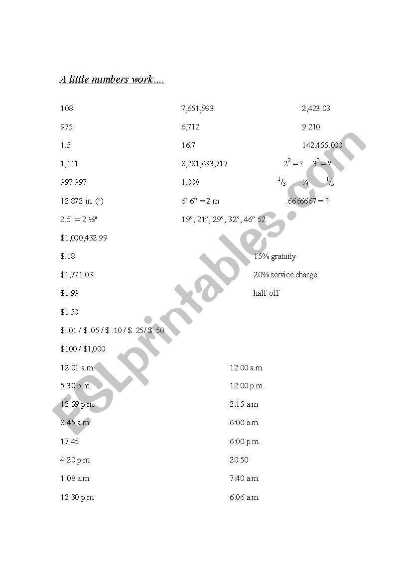 general numbers review worksheet