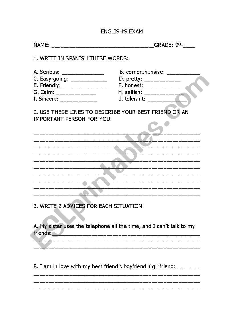 PERSONAL DESCRIPTION worksheet