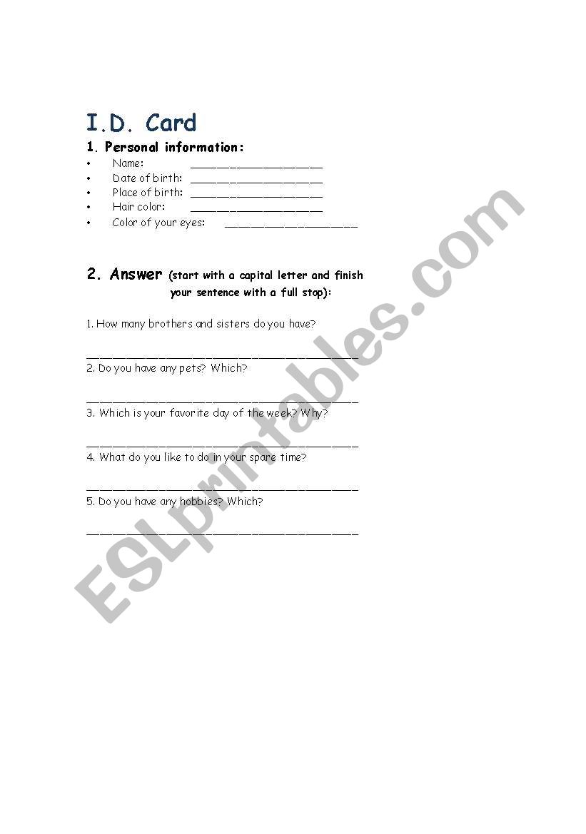 I.D. Card worksheet