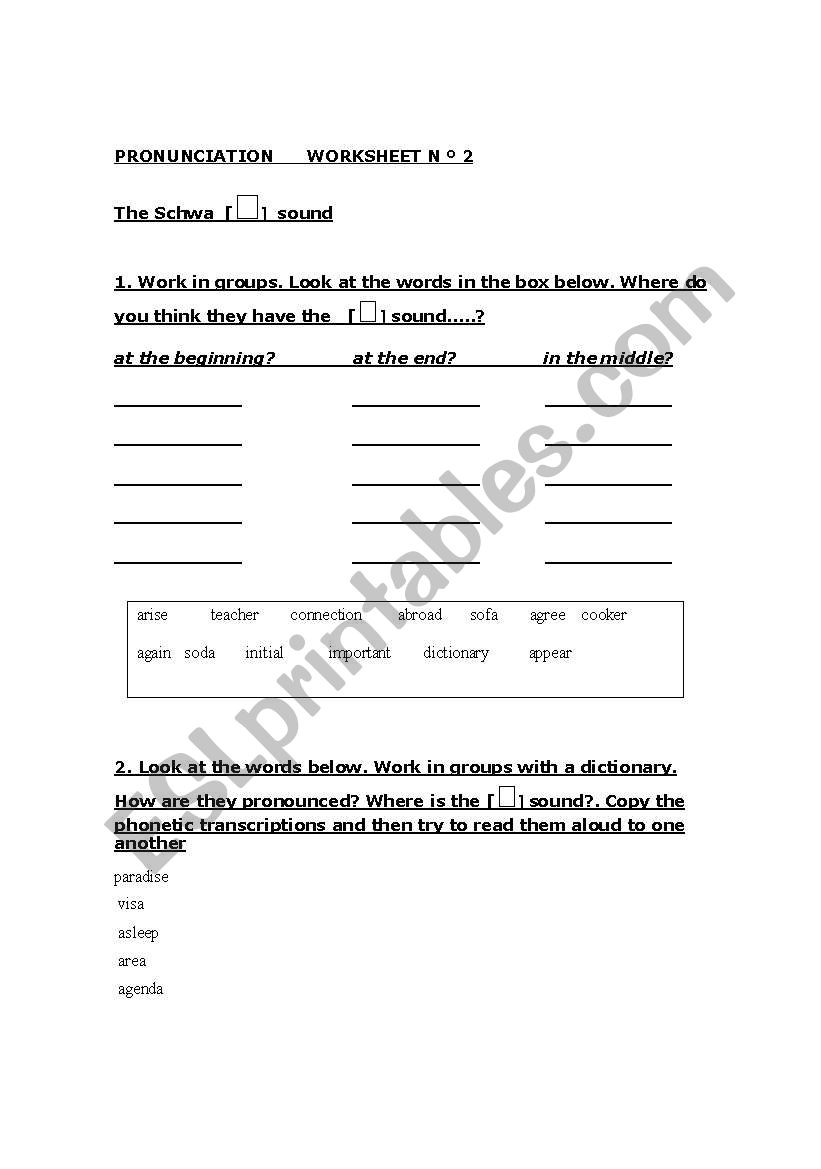 Pronunciation worksheet N 2: The schwa  