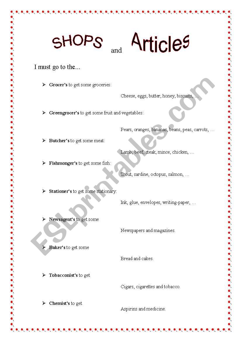 SHOPS and ARTICLES worksheet