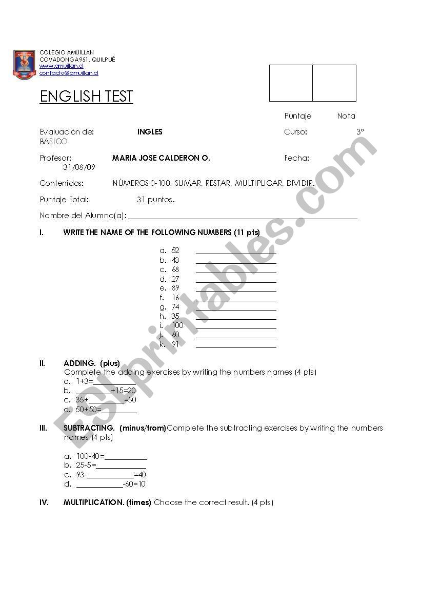 TEST ON NUMBERS  worksheet