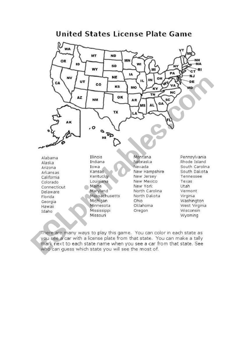 USA states&codes worksheet