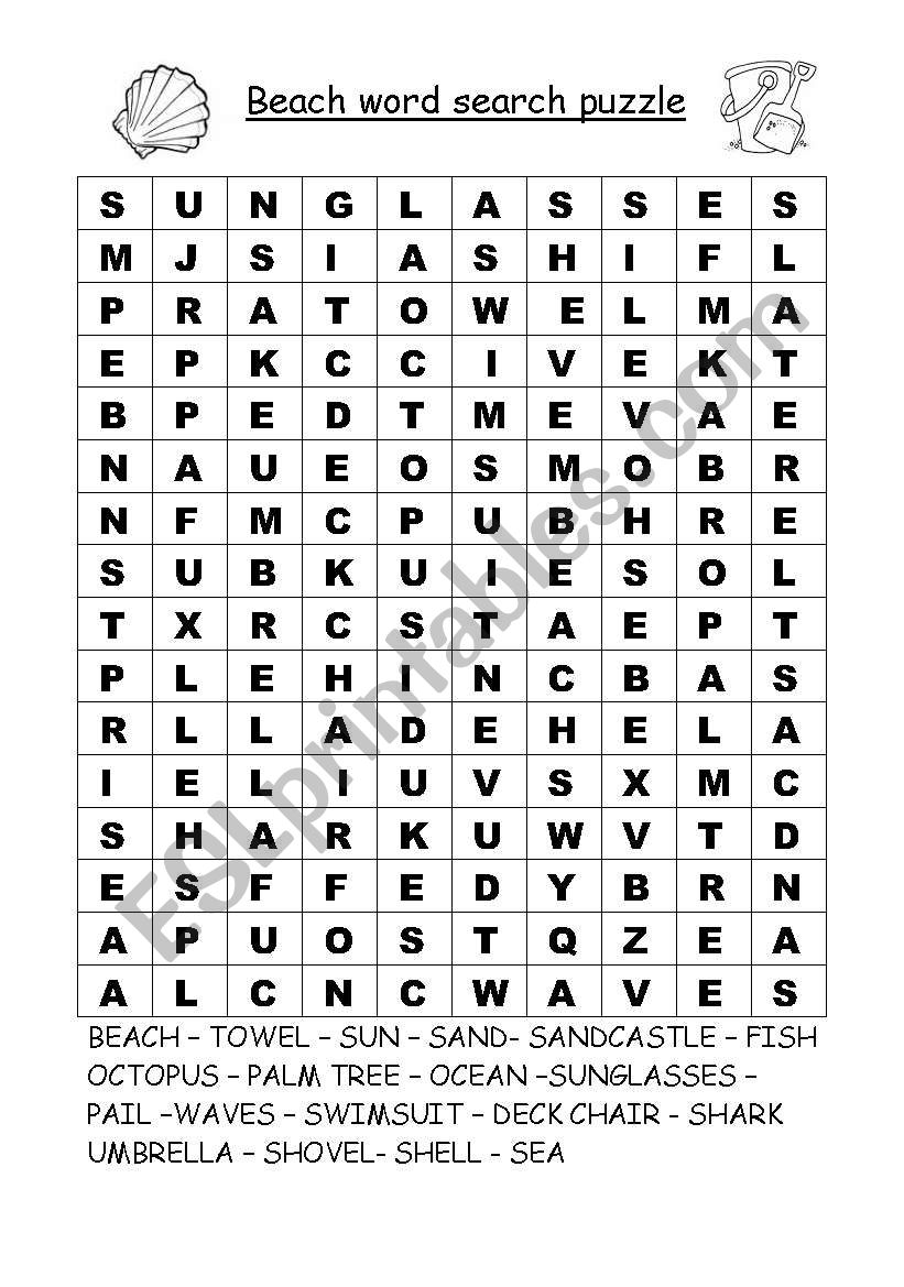 beach word search puzzle worksheet