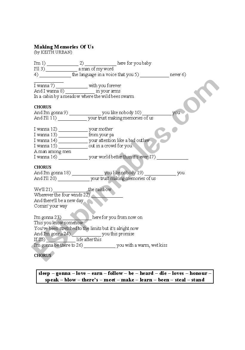 verb in a song context worksheet