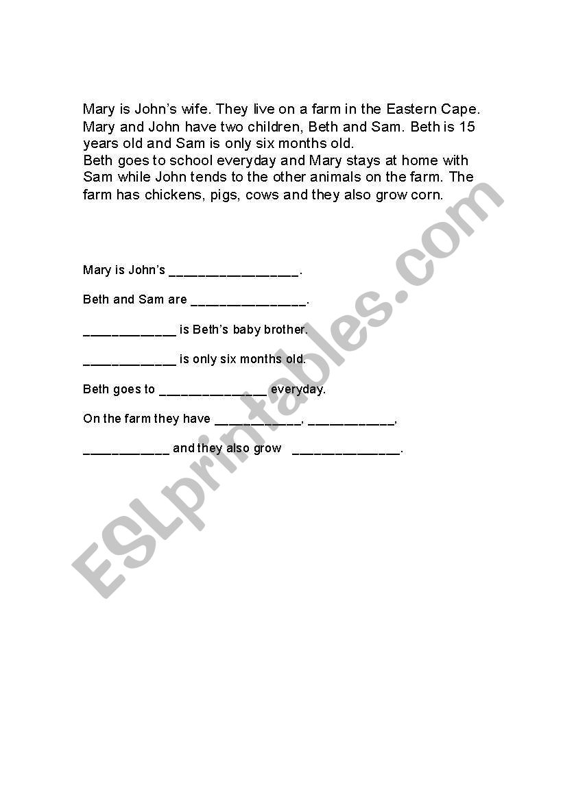 Family Comprehension worksheet